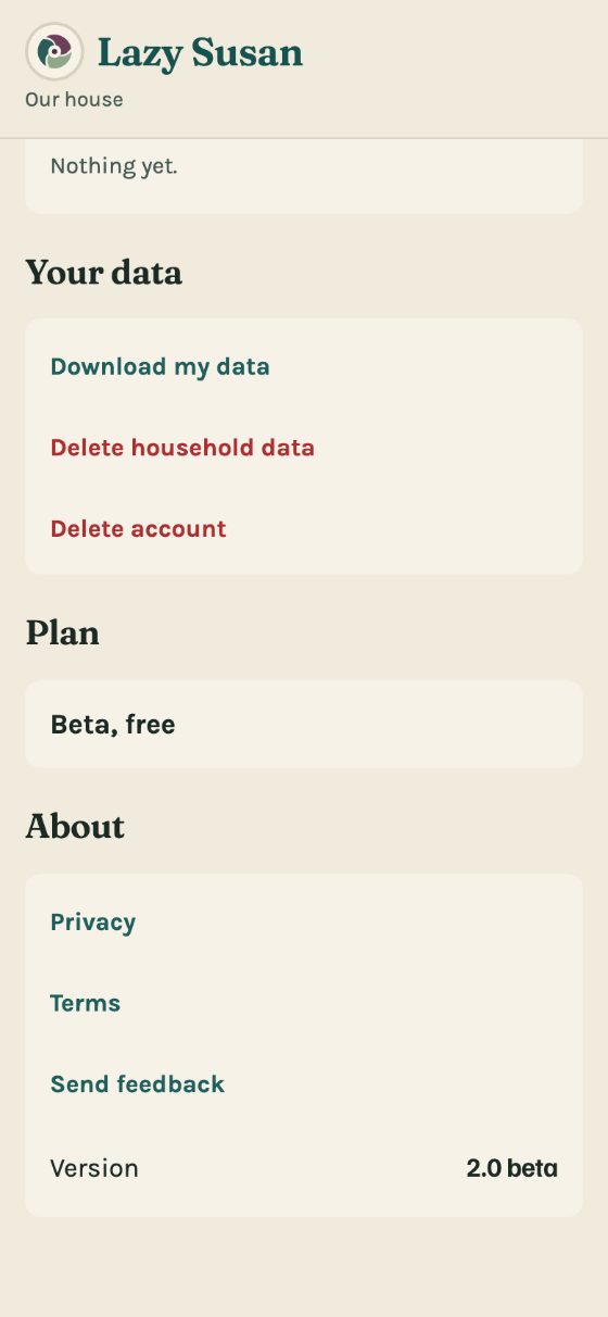 Settings on a phone: Your data, with download my data, delete household data and delete account.