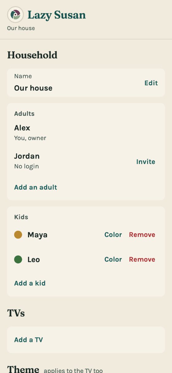 Settings on a phone: the household's adults and kids, and its TVs.