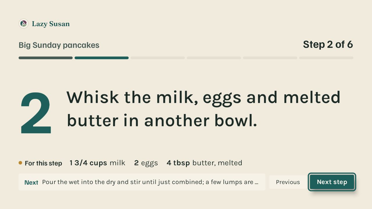 Cook mode on a TV: one step of a recipe, with the ingredients and amounts it uses beside it.