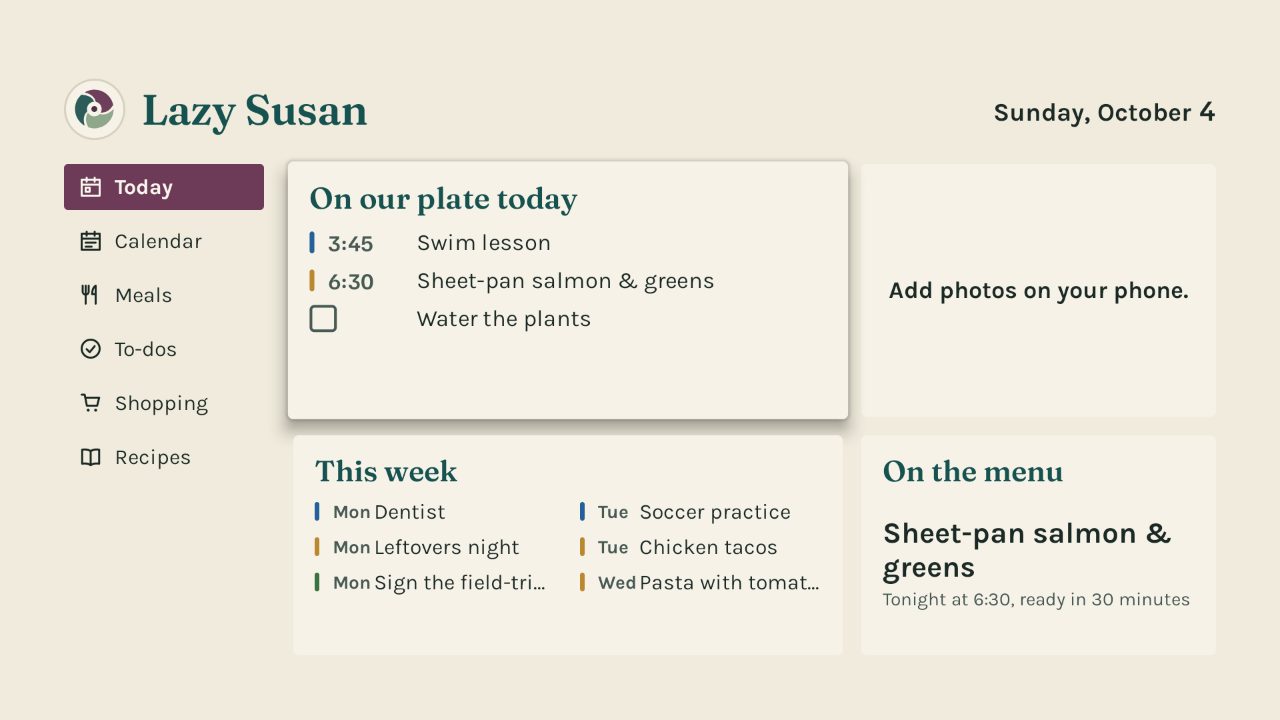 The Home board on a TV: today's plans, this week, tonight's dinner, and a space for the household's photos.