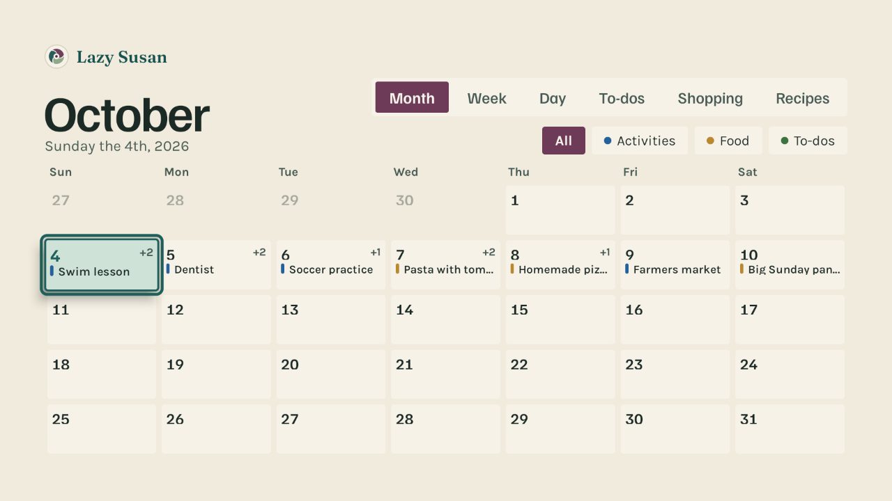 The calendar on a TV, by month, with activities and meals on their days.