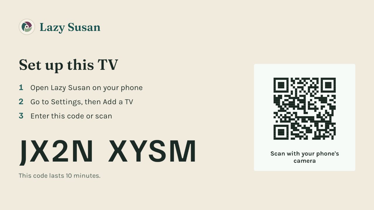 The Set up this TV screen: an 8-character code and a QR to scan.